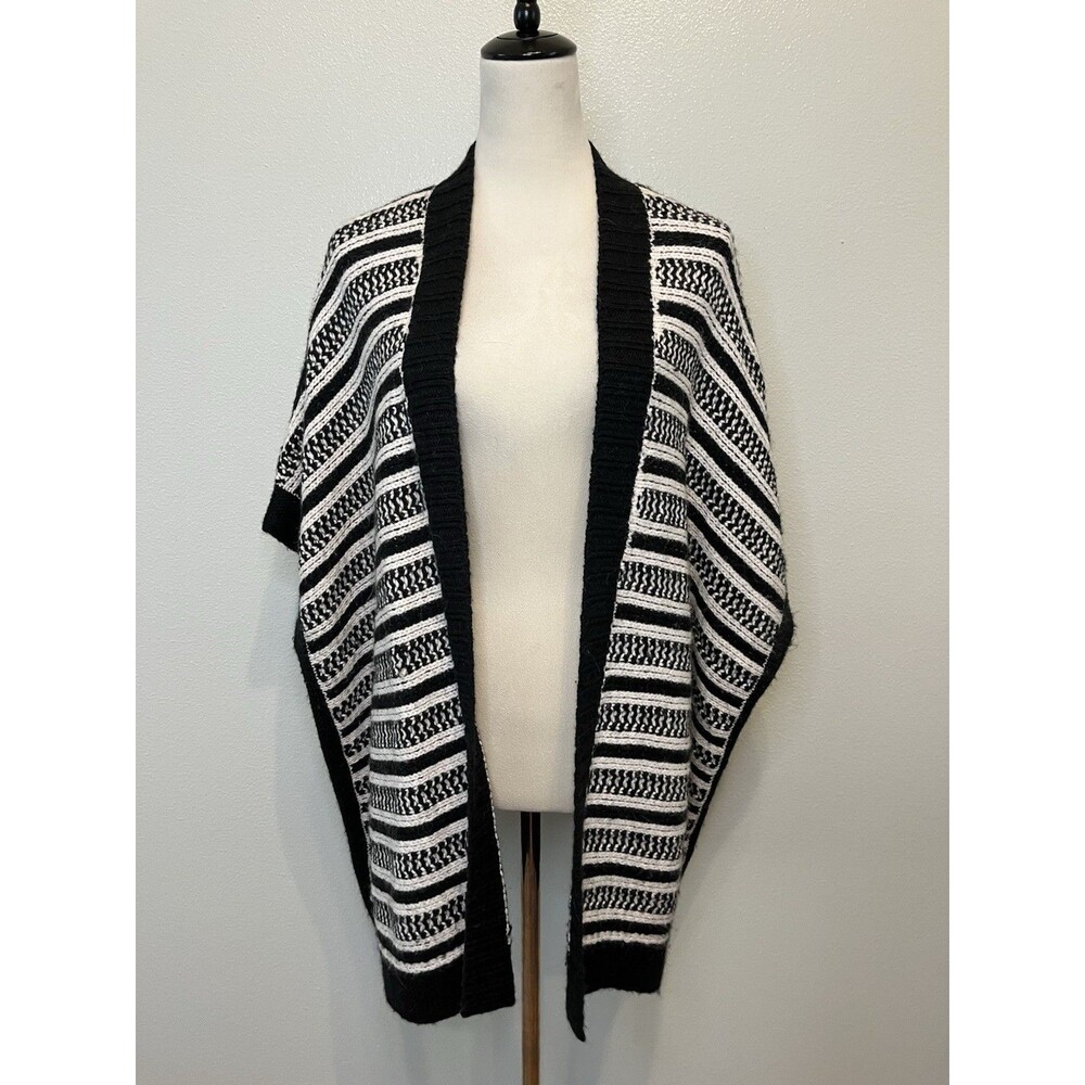 GAP Womens Wool Blend Poncho Cardigan One Size Black White Striped Open Front